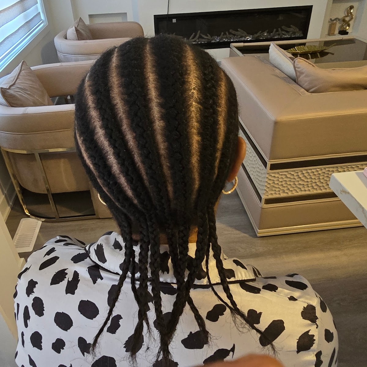 Neat cornrow-to-box-braid style, back view