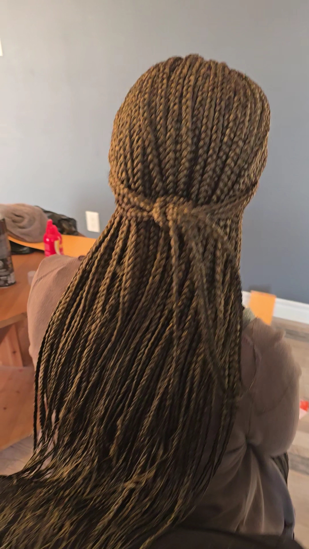 Senegalese twists styled in a half-up ponytail
